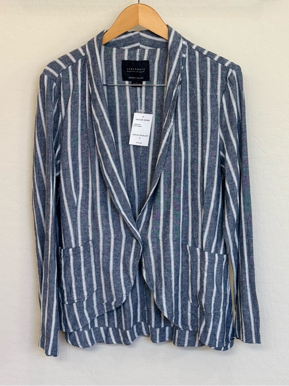 NWT Sanctuary Linen Blend Striped Blazer Navy Cream L Open Front Jacket